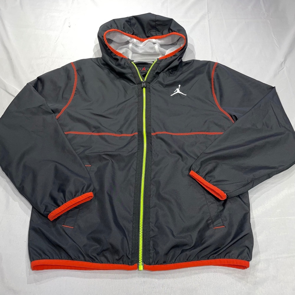 Jordan Boys XL Windbreaker Jacket Black Orange Neon Green Hooded Full Zip 807421